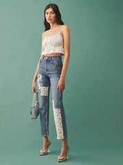 Cynthia Linen Patch High Rise Straight Jeans